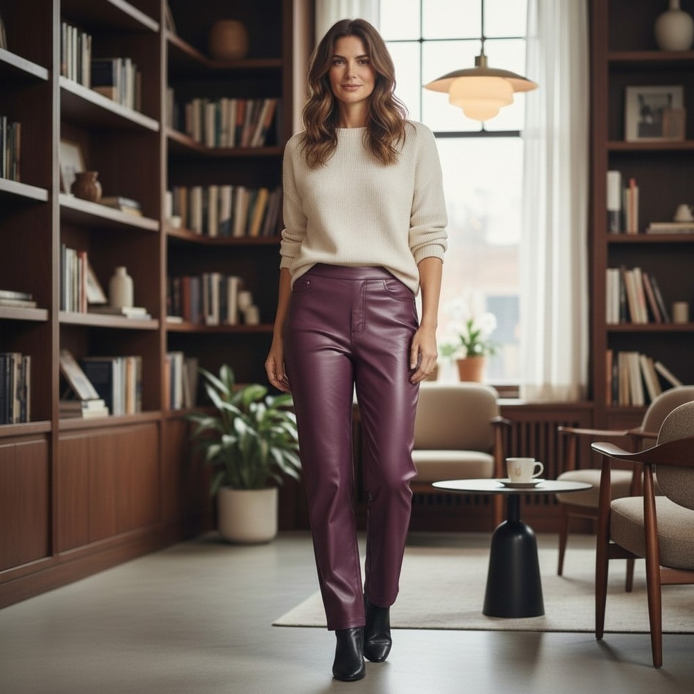 Ann Taylor Chic High Rise Eva Curvy Faux Leather Ankle Pants Womens 10 Burgundy